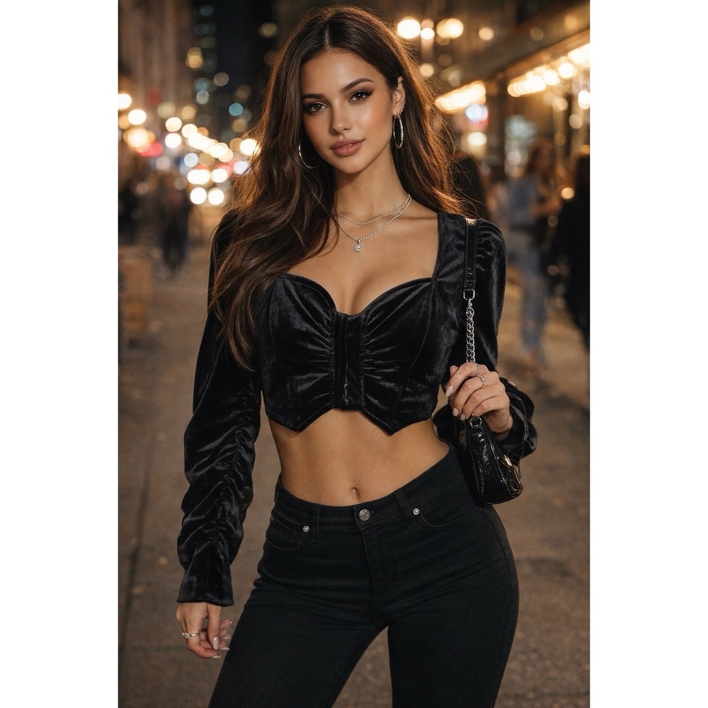 Fiestar‎ Y2K Black Cropped Velvet Top Sz L Whimsigoth Dark Romantic Fairy